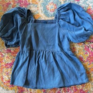 Old Navy Blue Denim Puff Sleeve Smocked Blouse
